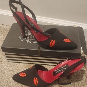 Black and Red Slingback Heels with Lip Print